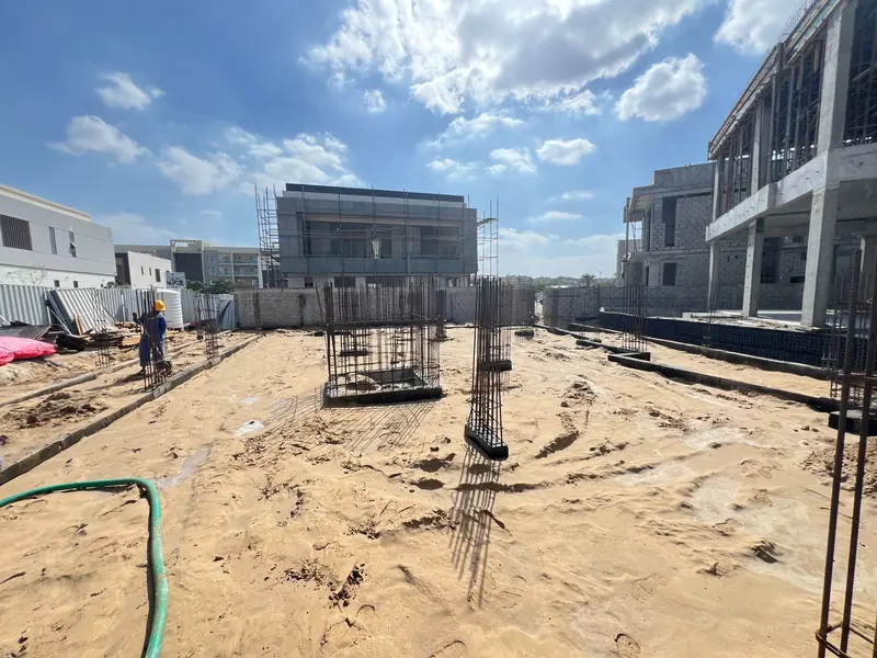 Column reinforcement cages in position on a villa foundation, Al Zahia Sharjah