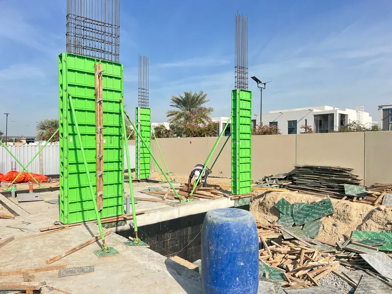 Column formwork and reinforcement at a villa under construction, Sharjah